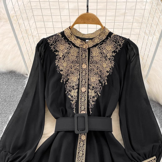 long-sleeved round neck A-line dress elegant long skirt S3972