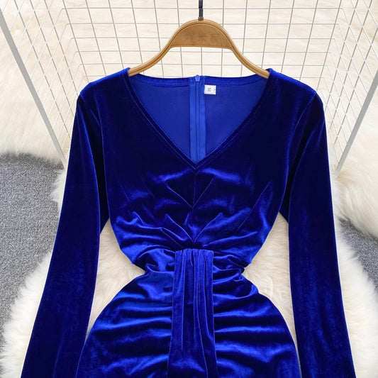 velvet dress v-neck long skirt S4326