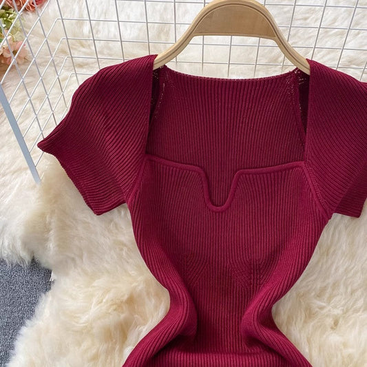 Tight square-neck knitted dress short-sleeved new style sexy long skirt S4027