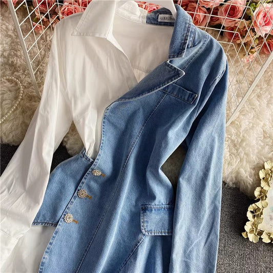 New Fashion Irregular Denim Long Sleeve Shirt Dress Polo Skirt S4065