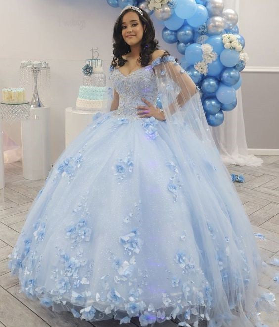 Light Blue Quinceanera Dress Off Shoulder 3D Flowers Beads Puffy Party Princess Sweet 16 Gown Light Blue Ball Gown