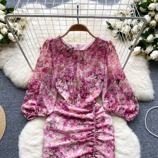 Floral Drawstring Fold Bodycon Maxi Dress S4451