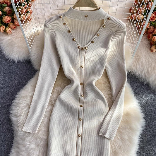 Long-sleeved halterneck V-neck stretch knit dress S4303