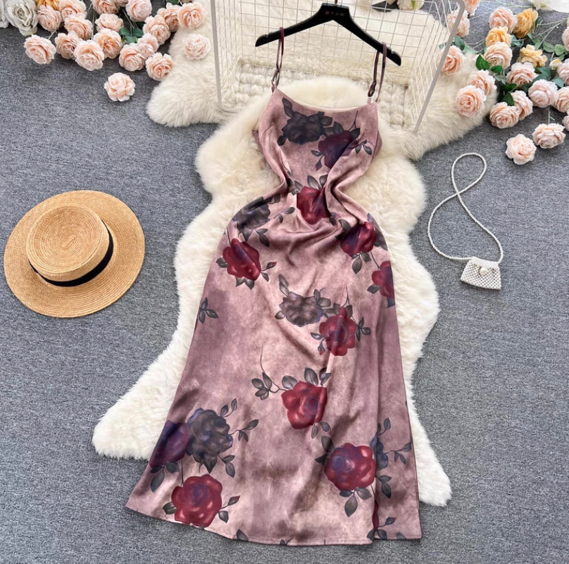 Romantic, Retro, Rose Print Halter Dress, Luxury Waist Long Dress S4479