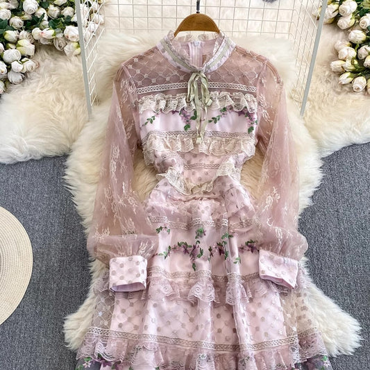 Fashionable long-sleeved A-line lace dress elegant long dress S4403