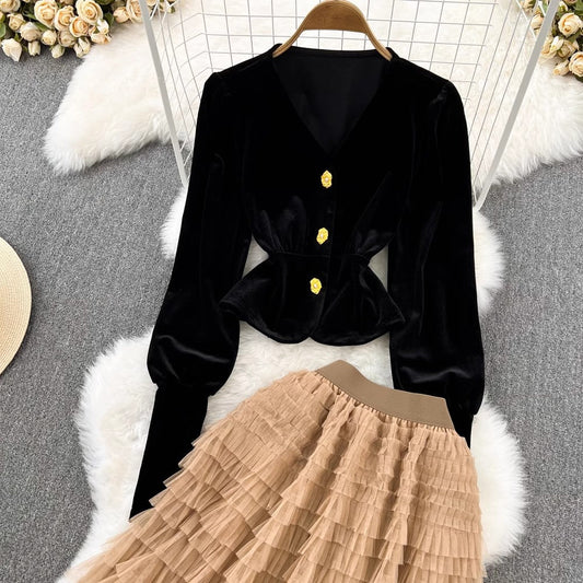 Fashion suit for women V-neck lantern sleeves velvet top two-piece set S4260