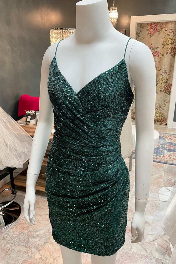 Sequin Spaghetti Straps Ruched Cocktail Dress,Mini Prom Dresses S2878