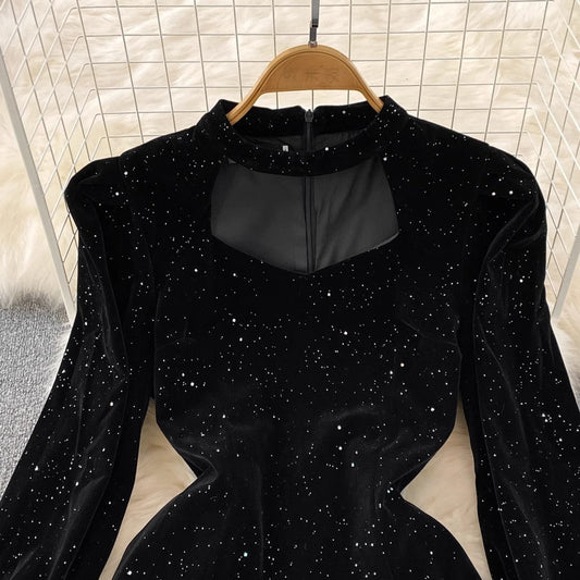 Square Neck Party Halter Neck Sparkling Velvet Dress S3948