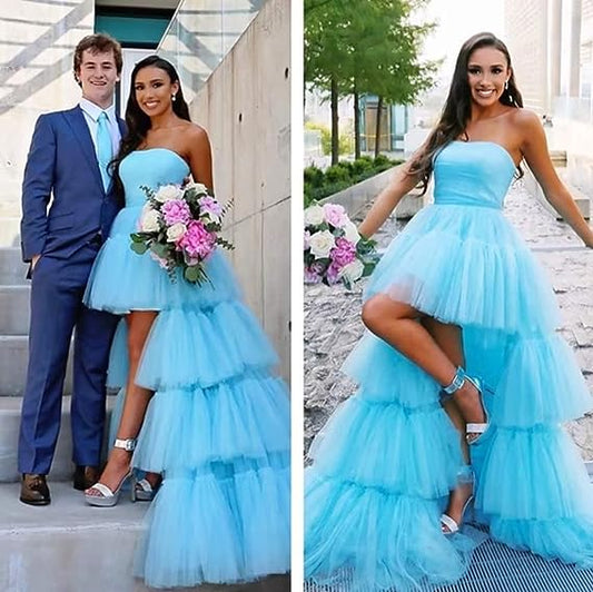 Blue tulle high low prom dress blue tulle evening dress S3251