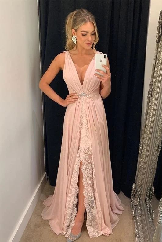 V Neck A Line Chifon Formal Evening Dresses Long Front Split Prom Dresses S3808