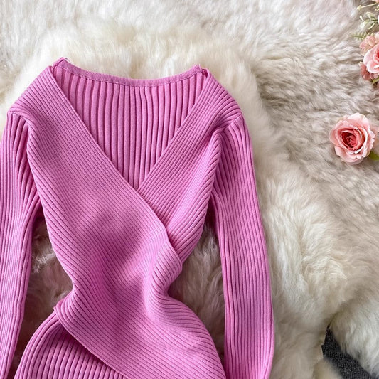 sexy deep V-neck knitted dress mid-length skirt S3954