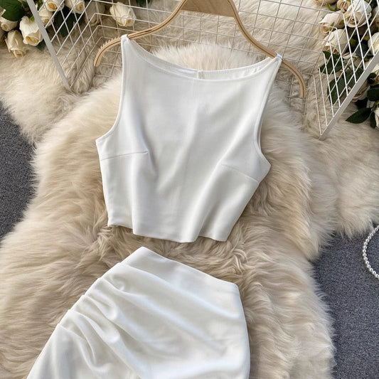 solid color round neck short to mid-length skirt two-piece set for women S4487