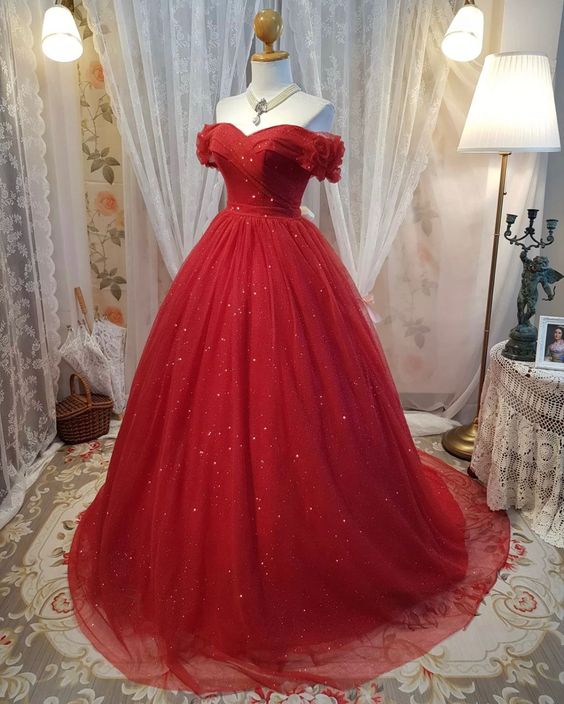 Off the shoulder tulle long prom dress, tulle evening dress S3880