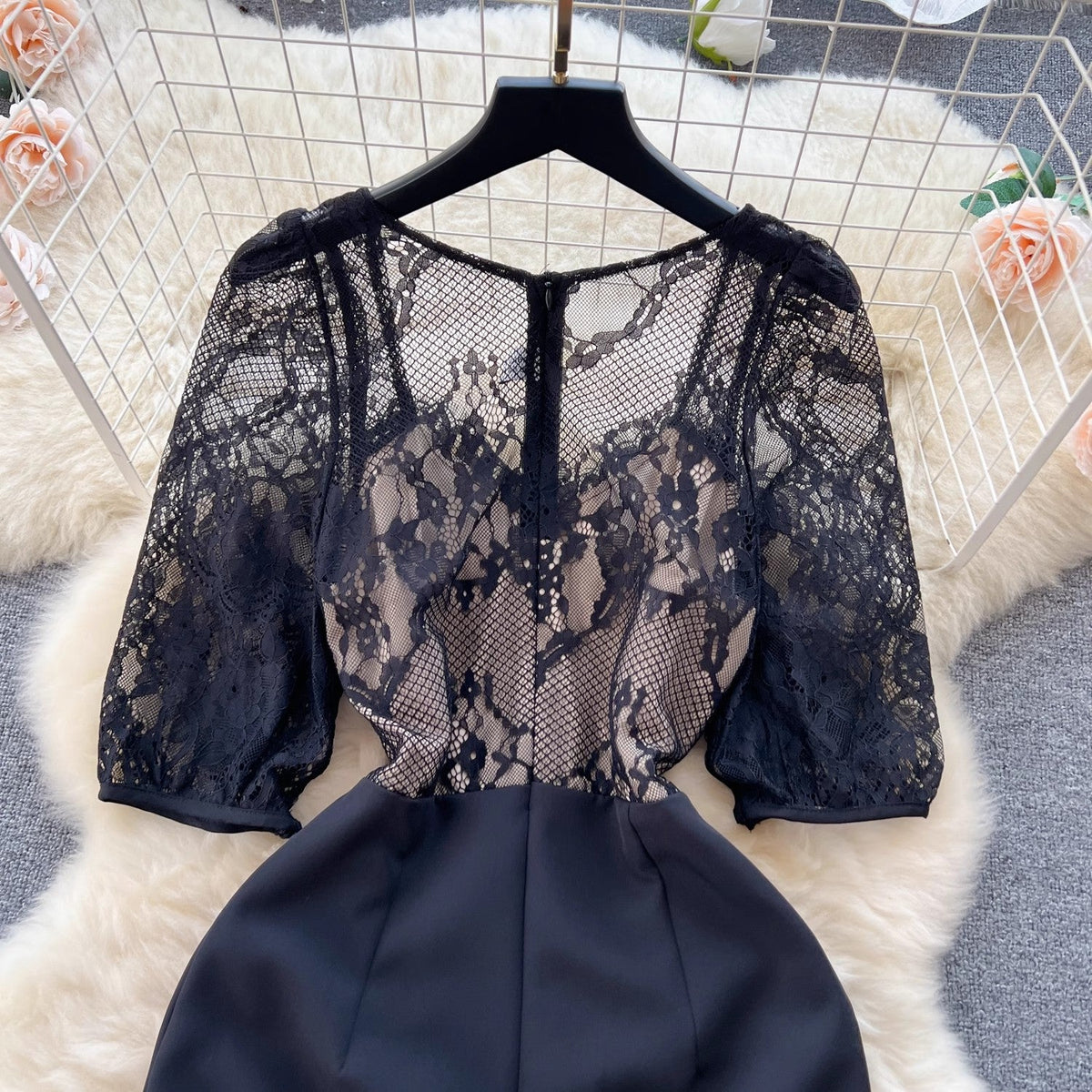 see-through lace black dress women's long skirt S4657