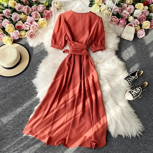 knee-length skirt V-neck dress S4202