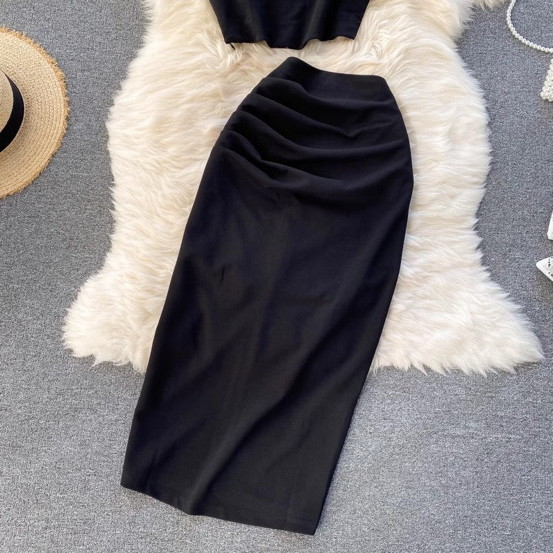 solid color round neck short to mid-length skirt two-piece set for women S4487