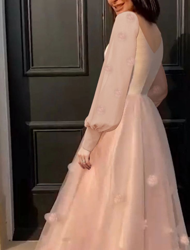 A-Line Prom Dresses Maxi Dress Sweet 16 Birthday Floor Length Long Sleeve Scoop Neck Tulle with Appliques fg4061