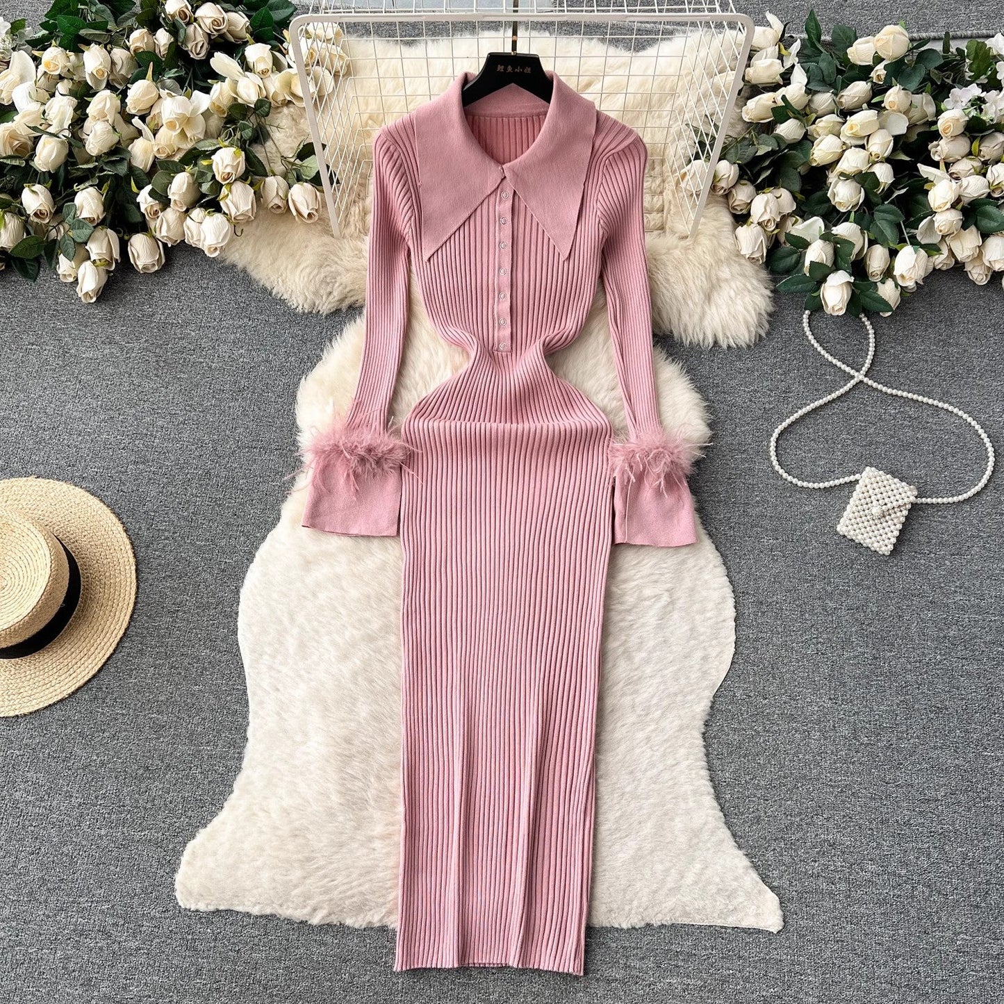 knitted dress for women lapel feather tight design skirt S4539