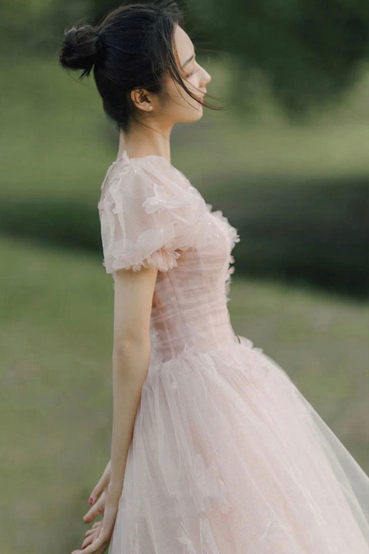 Pink tulle long A line prom dress evening dress S2552