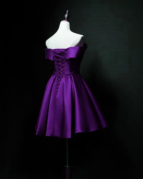 Cute Short Sweetheart Satin Off Shoulder Purple Short Prom Dresses S2968