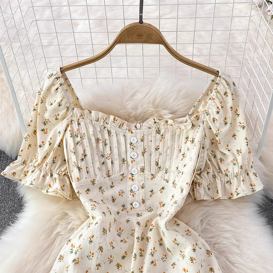 Floral Skirt Square Neck Puff Short Sleeve Chic A-Line Dress S3959