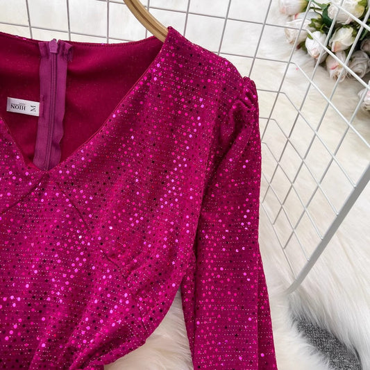 Fashionable long-sleeved V-neck A-line elegant long dress S3966