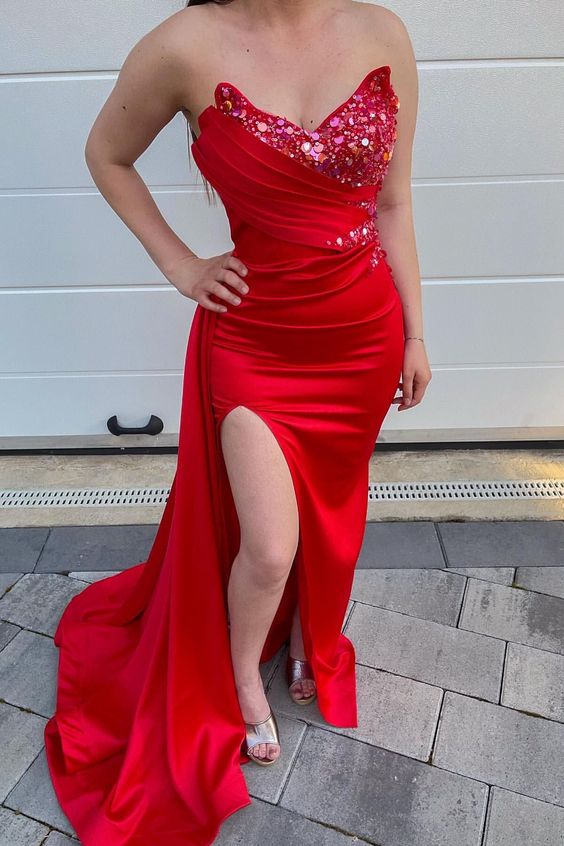 Red Sweetheart Long Mermaid Sequins Dress Split With Ruffles S3870