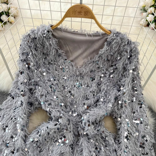 long-sleeved V-neck A-line sparkling sequined furry dress for women S4336