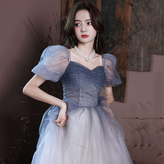 Gradient A Line Tulle Prom Dress Puff Sleeves Shiny Long Evening Dress S3115