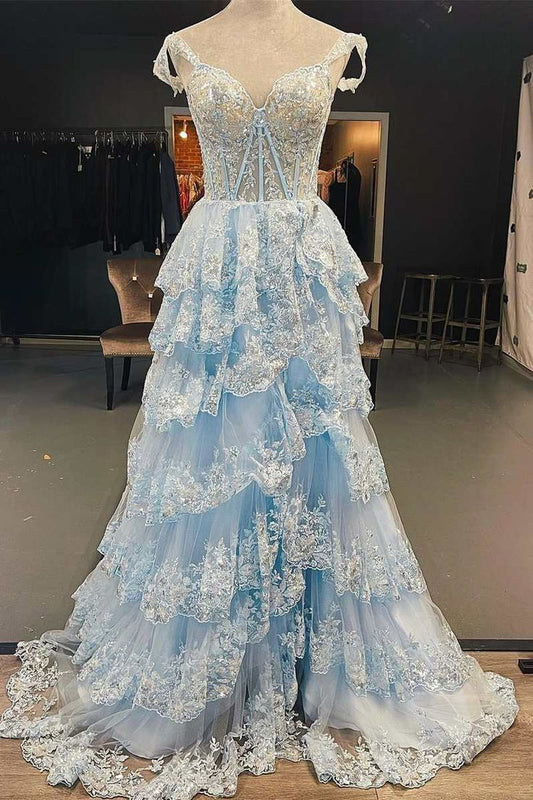 Light Blue Lace Sweetheart Tiered Long Prom Dress with Slit fg4197