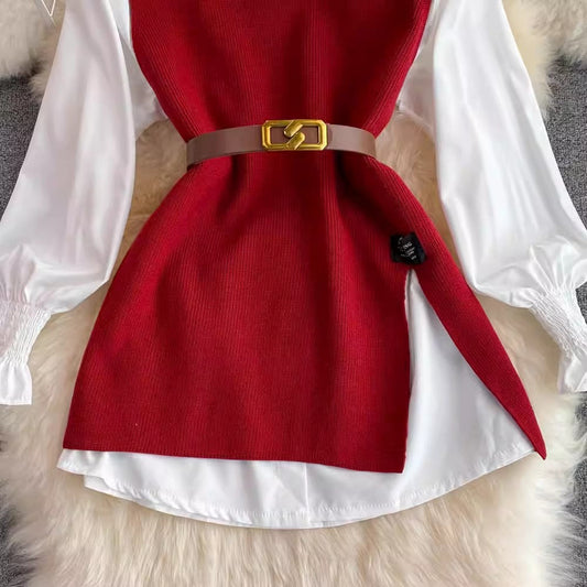 lantern sleeve white shirt sweater two-piece set S3978