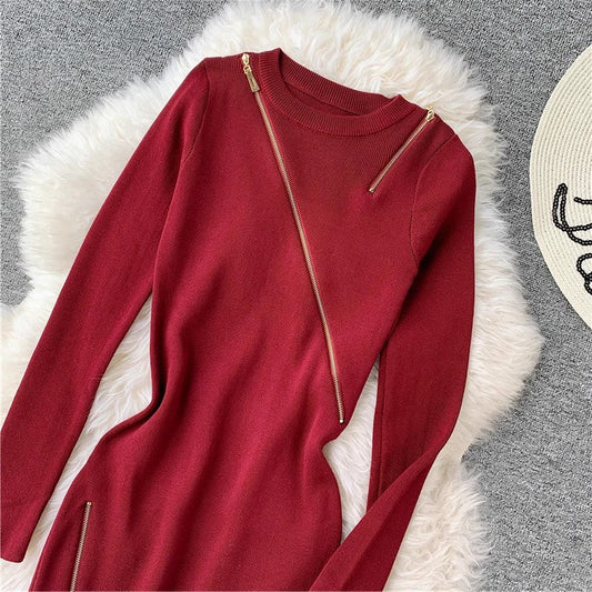 Round Neck Knitted Dress Women's Mid-Length Sweater Skirt Zipper Slit S3911