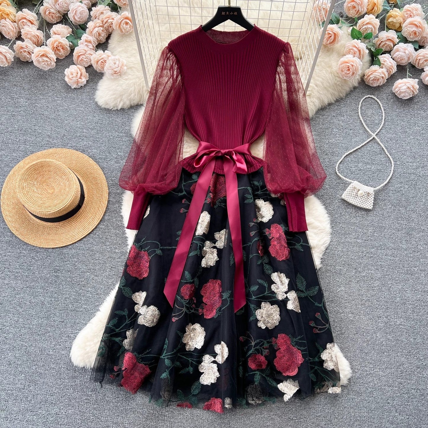 embroidered mesh dress for women with lace-up waist skirt S4490