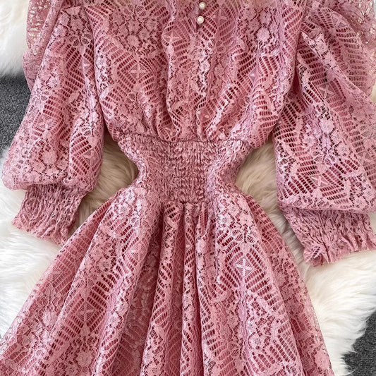 puff sleeve lace dress bohemian long skirt S4354