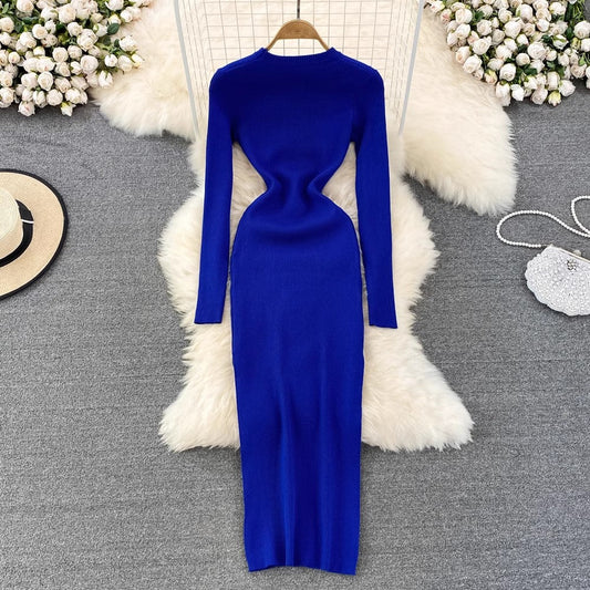 long-sleeved round neck elastic tight mid-length knitted dress S4010