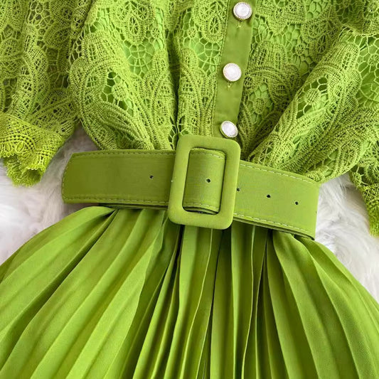 short-sleeved round-neck lace pleated dress elegant long skirt S4312