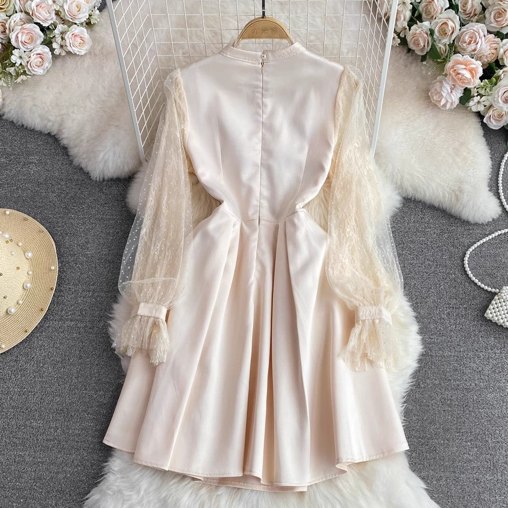 bubble long-sleeved mesh A-line dress S4259