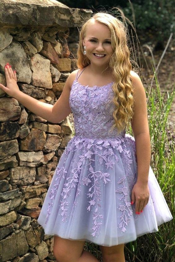 Straps Lace Applique Homecoming Dresses Lavender fg3626