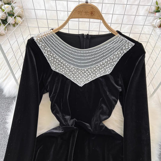 long-sleeved beaded round neck A-line velvet dress elegant long skirt S3930