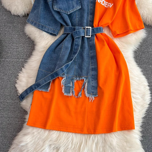 denim shirt new chic casual mid-length top S3913