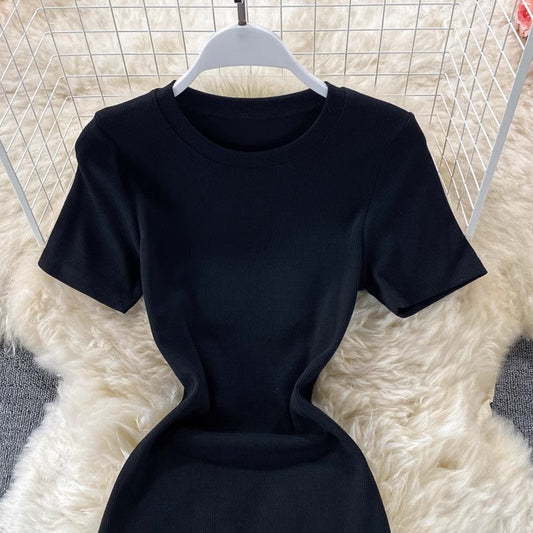 new gray round neck short-sleeved dress slit long skirt S4253