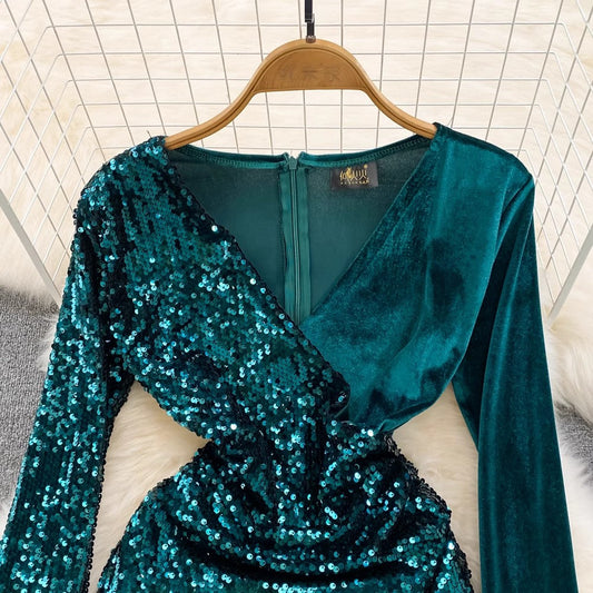 V-neck sparkling sequin velvet dress for women S4313