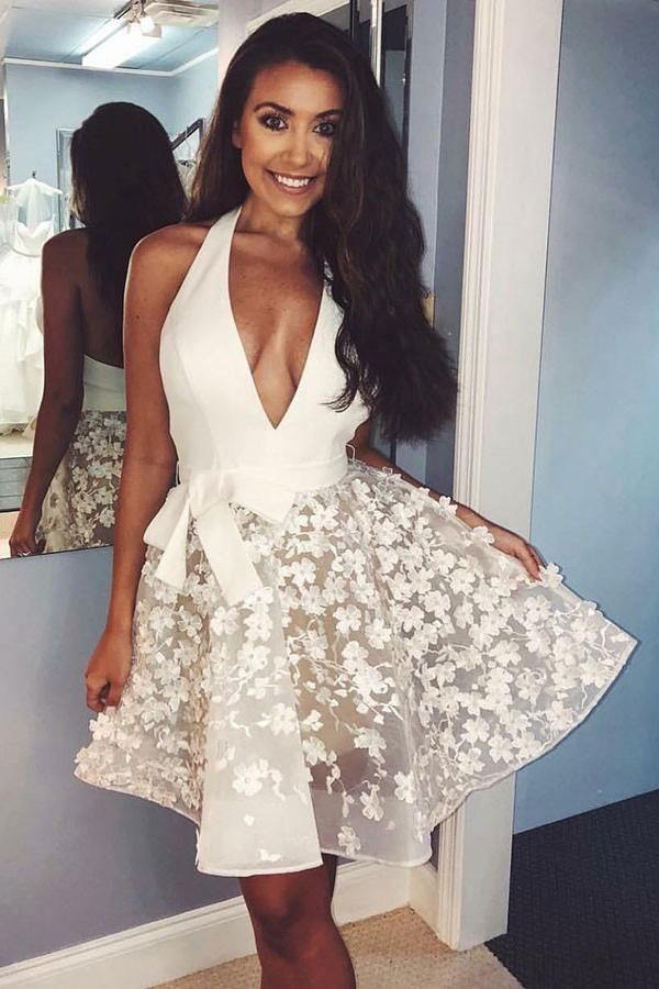 Ivory Lace Applique Halter Homecoming Dresses, Sleeveless Short Party Dress S3147