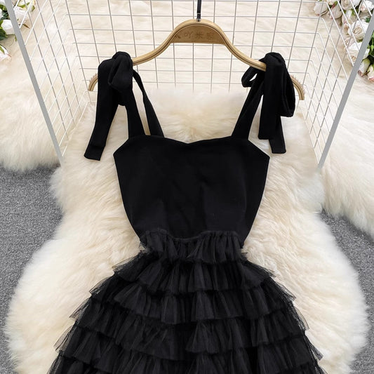 Stylish bow long suspender skirt A-line mesh cake dress S4279