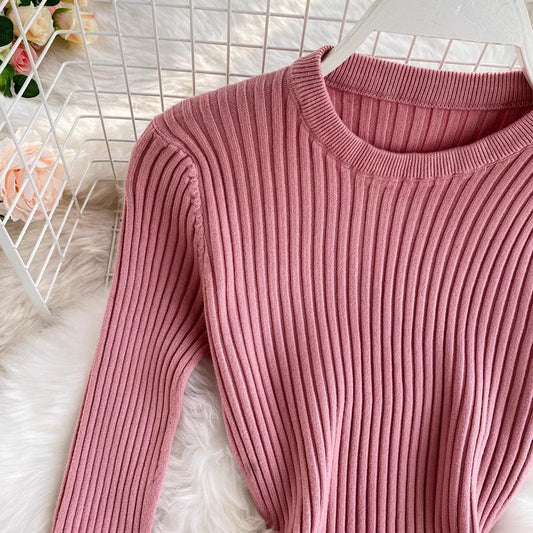 round neck knee-length knitted dress women's mid-length A-line sweater dress S3942