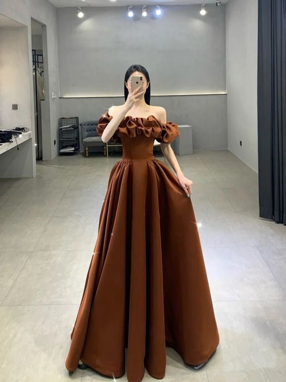 Brown A-Line Long Party Dress, Long Bridesmaid Dress,Prom Dress S2586