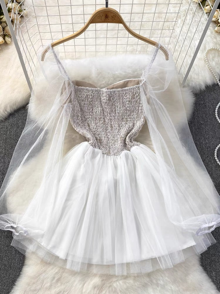 white Dress,long Sleeve Tulle Dress S4402