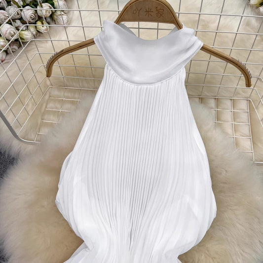beach dress fashionable round neck off-shoulder a-line pleated dress S4298