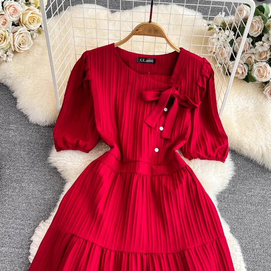 puffy short-sleeved mid-length A-line ruffle dress S4331