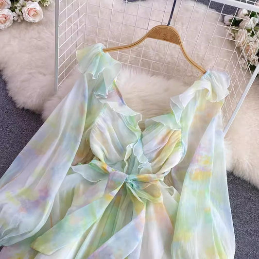 V-neck lantern long-sleeved A-line ruffled printed chiffon dress S4358